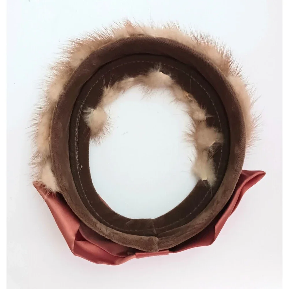 VTG Mink / Velvet Circle Hat Bronze Satin Bow Open Crown O/S